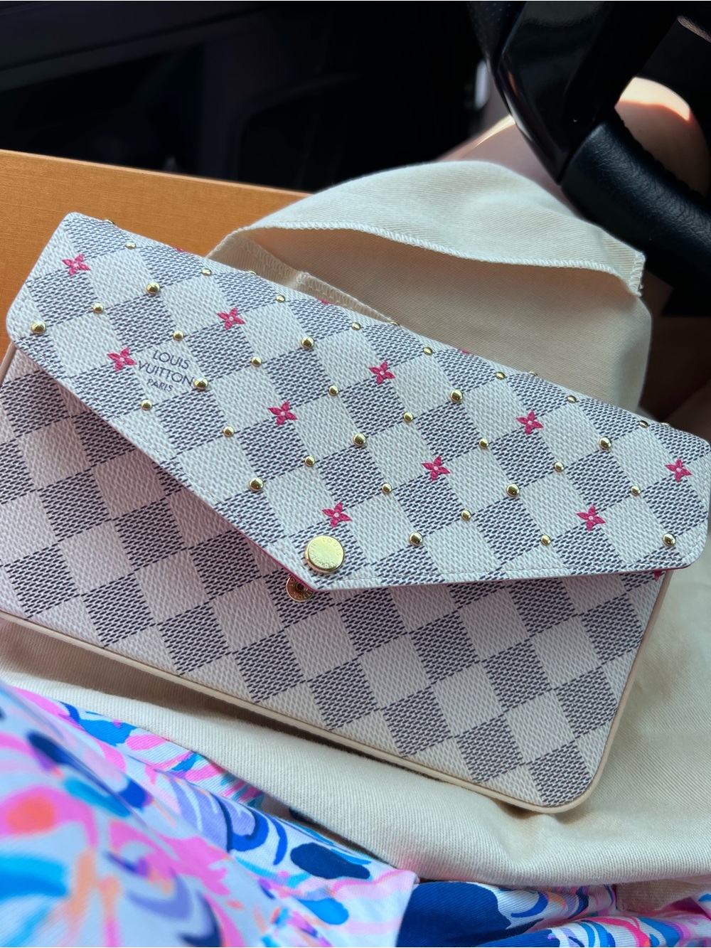Damier Azur Studded Pochette Felicie Chain Wallet Fuchsia